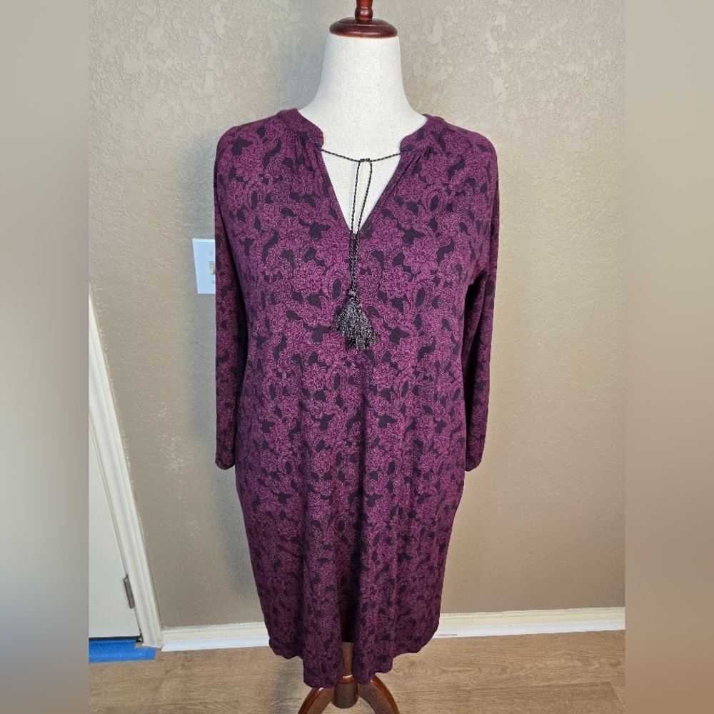 Banana Republic Factory Plum Black Floral Long Sleeve Dress Large (6008)